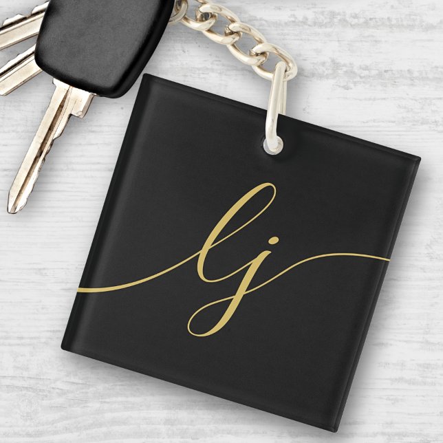 Monogram Modern Minimal Elegant Black Gold Script Key Ring (Creator Uploaded)