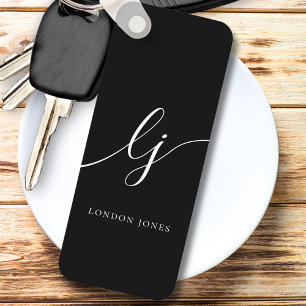 Monogram Modern Minimal Elegant Black White Key Ring