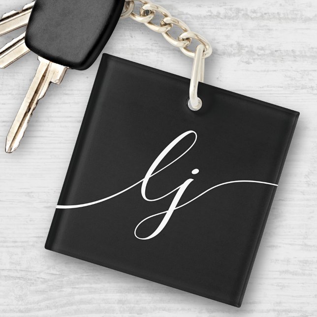 Monogram Modern Minimal Elegant Black White Script Key Ring (Creator Uploaded)