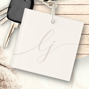 Monogram Modern Minimal Elegant ivory Pink Script Key Ring