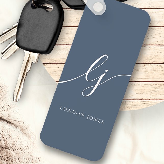 Monogram Modern Minimal Elegant Navy Blue Script Key Ring (Creator Uploaded)
