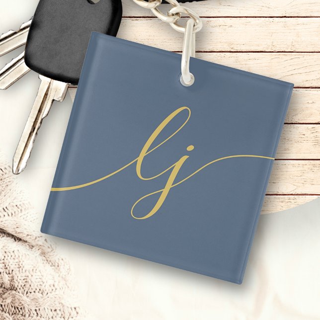 Monogram Modern Minimal Elegant Navy Gold Script Key Ring (Creator Uploaded)