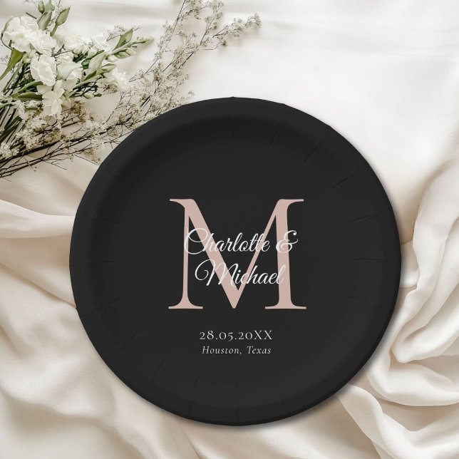 Monogram Modern Minimal Paper Plate (Monogram Modern Minimal Wedding Paper Plates with your names and date.)
