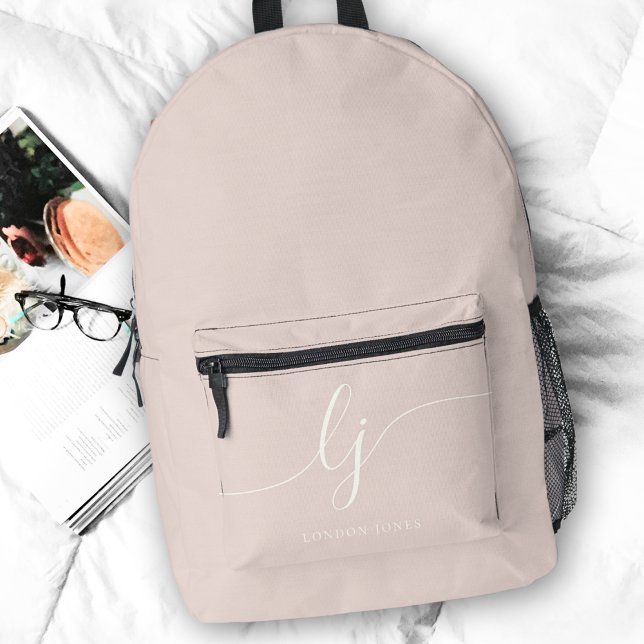 Monogram Modern Minimal Rose Pink Ivory Initials Printed Backpack (Creator Uploaded)