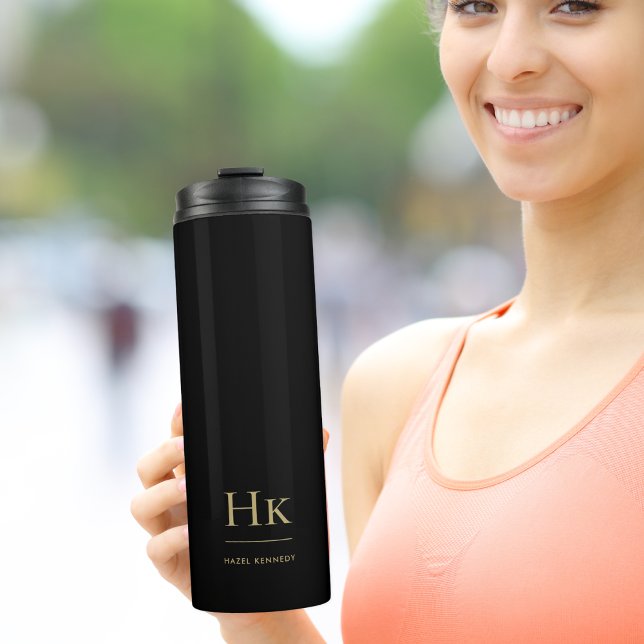 Monogram Modern Minimal Simple Classic Black Gold Thermal Tumbler (Creator Uploaded)