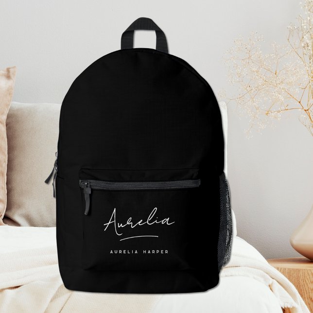 Monogram Modern Minimalist Black Script Name Printed Backpack (Creator Uploaded)