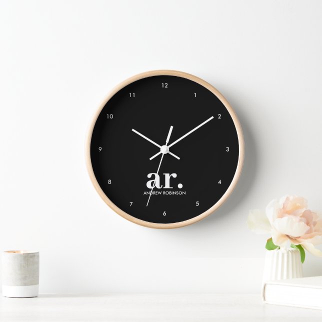 Monogram Modern Minimalist Black White Clock (Home)