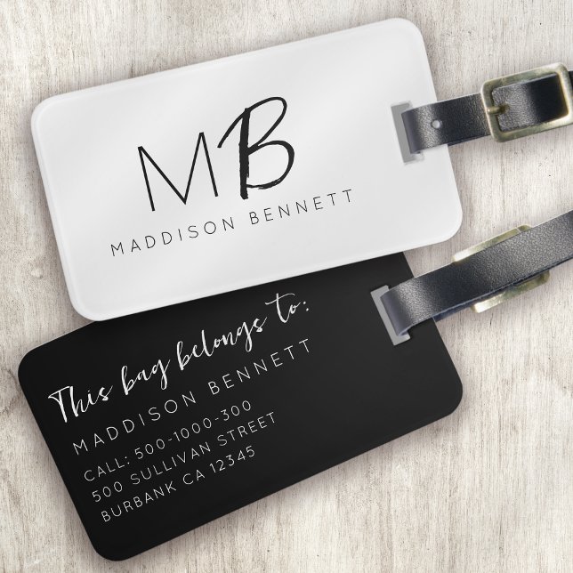 Monogram Modern Minimalist Black White Luggage Tag (Creator Uploaded)