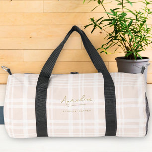 Monogram Modern Minimalist Blush Pink Gold Plaid Duffle Bag