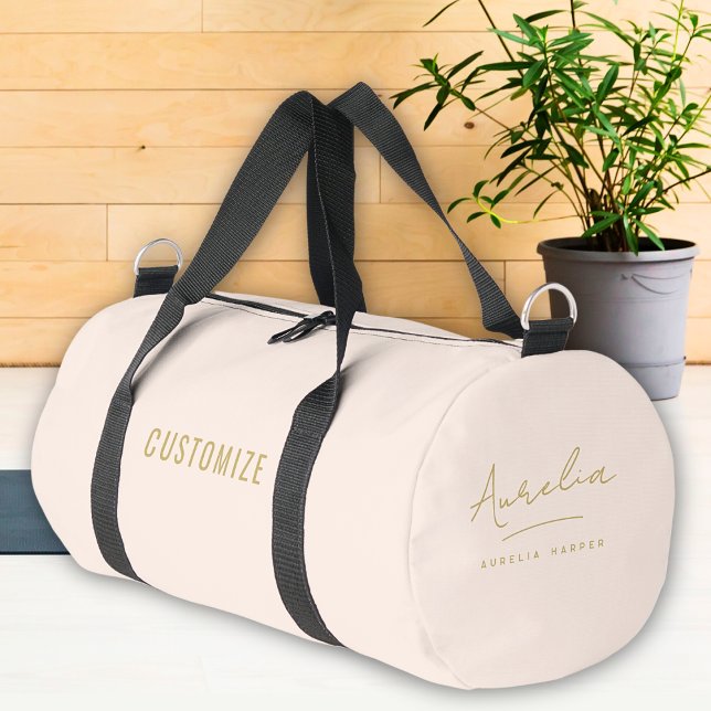 Monogram Modern Minimalist Blush Pink Gold Script Duffle Bag (Creator Uploaded)