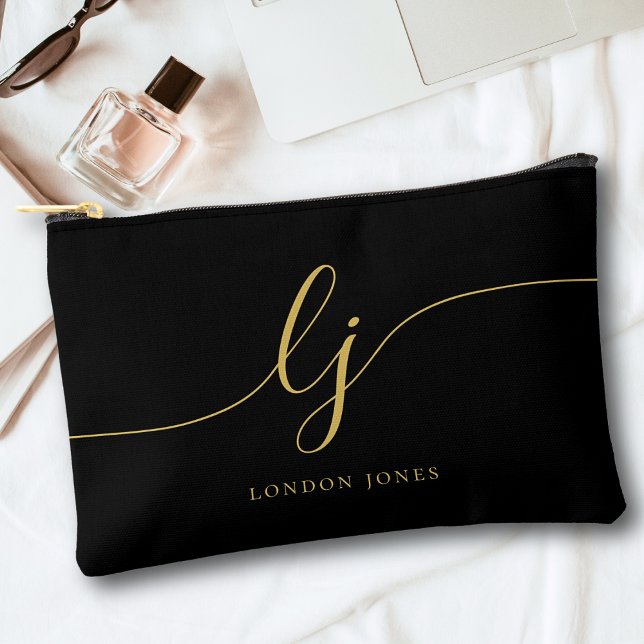 Monogram Modern Minimalist Calligraphy Black Gold Accessory Pouch (Creator Uploaded)