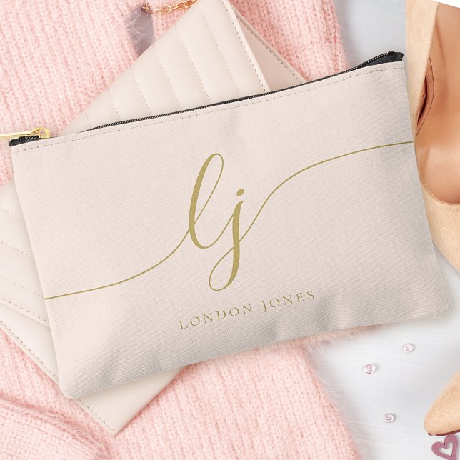 Monogram Modern Minimalist Calligraphy Blush Gold Accessory Pouch (Creator Uploaded)