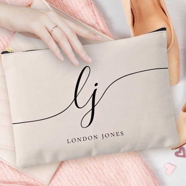 Monogram Modern Minimalist Calligraphy Blush Pink Accessory Pouch (Creator Uploaded)