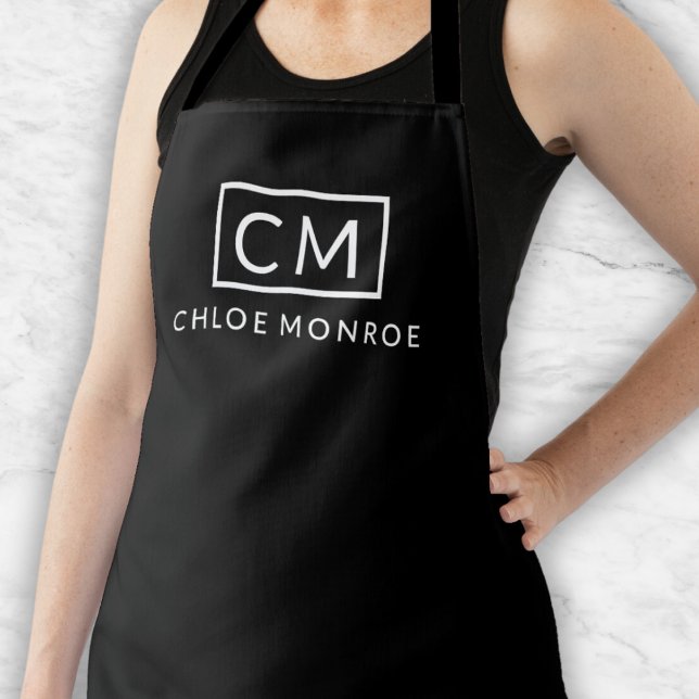 Monogram Modern Minimalist Classic Black White Apron (Creator Uploaded)