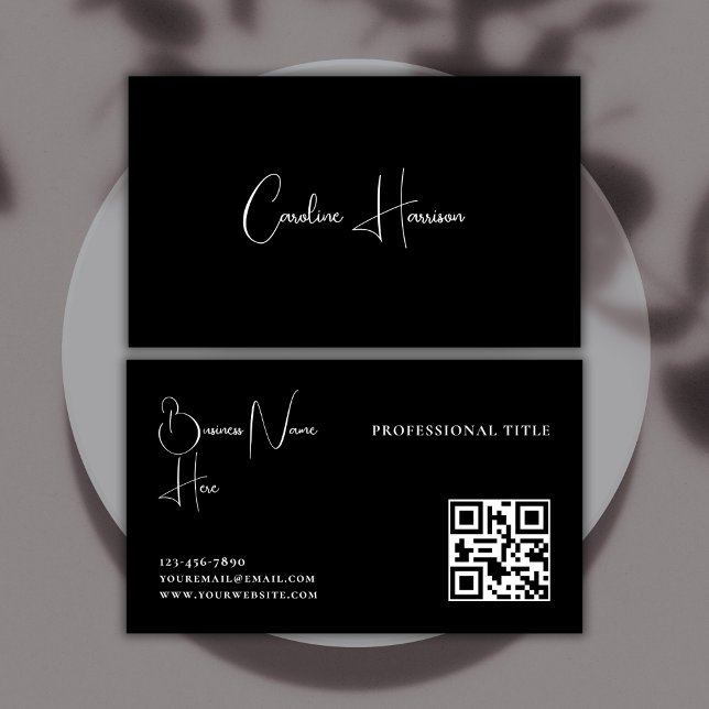 Monogram Modern Minimalist Feminine QR code Black Business Card (Creator Uploaded)