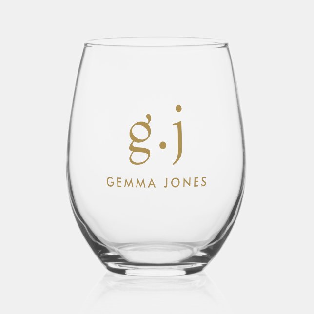 Monogram Modern Minimalist Gold Black Stemless Wine Glass (Front)