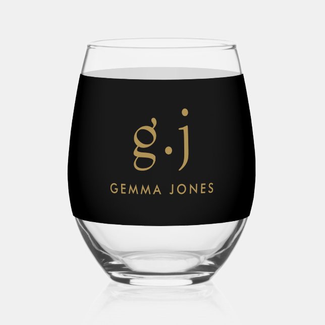 Monogram Modern Minimalist Gold Black Stemless Wine Glass (Front)