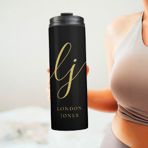 Monogram Modern Minimalist Gold Script Calligraphy Thermal Tumbler