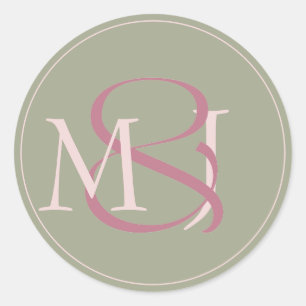 Monogram Modern Minimalist Green & Pink Wedding Classic Round Sticker