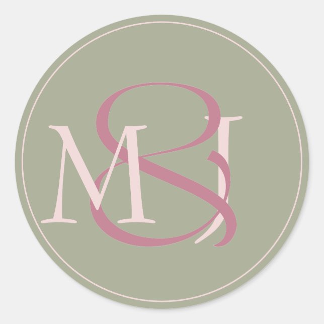 Monogram Modern Minimalist Green & Pink Wedding Classic Round Sticker (Front)