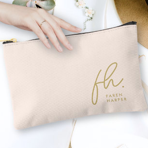 Monogram Modern Minimalist Script Blush Pink Gold Accessory Pouch