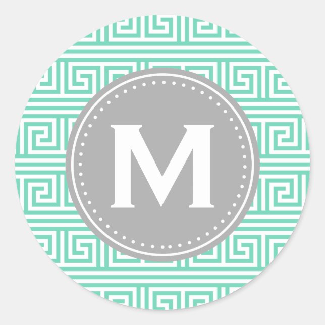 Monogram Modern Mint Greek Key Pattern Classic Round Sticker (Front)
