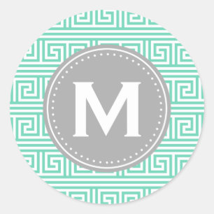 Monogram Modern Mint Greek Key Pattern Classic Round Sticker