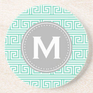 Monogram Modern Mint Greek Key Pattern Coaster