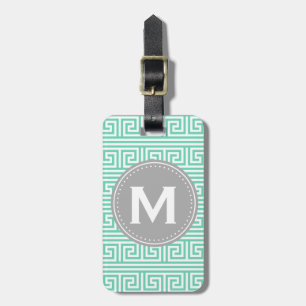 Monogram Modern Mint Greek Key Pattern Luggage Tag