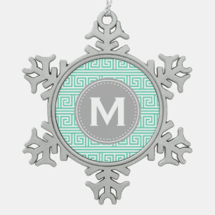 Monogram Modern Mint Greek Key Pattern Snowflake Pewter Christmas Ornament