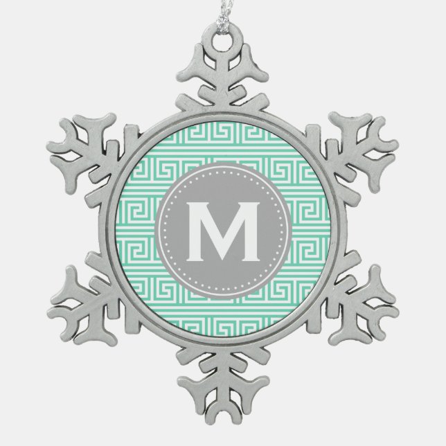 Monogram Modern Mint Greek Key Pattern Snowflake Pewter Christmas Ornament (Front)