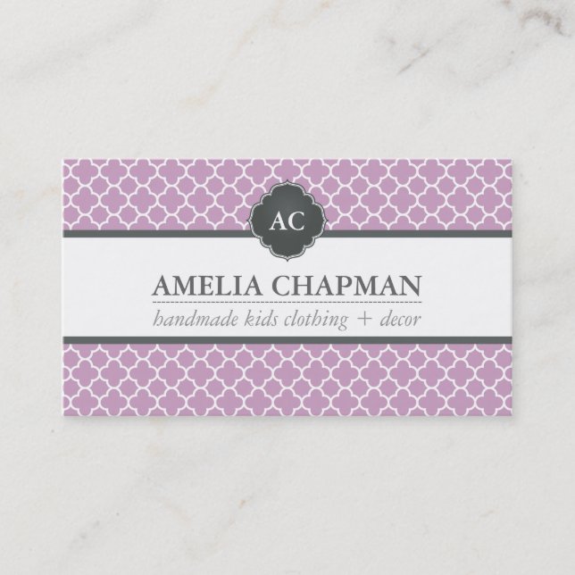 MONOGRAM modern morrocan pattern lilac purple grey Business Card (Front)