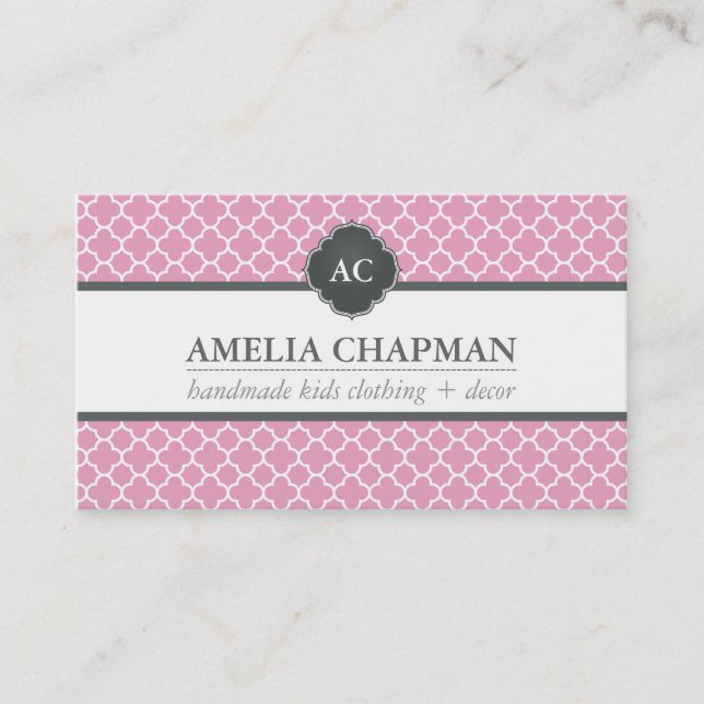 MONOGRAM modern morrocan pattern pretty pink grey Business Card (Front)