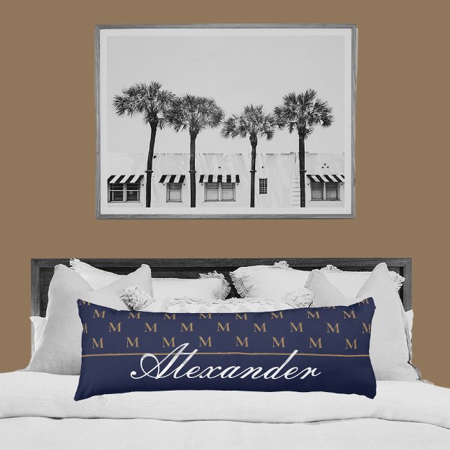 Monogram Modern Navy Blue White Gold Elegant  Body Cushion (Creator Uploaded)