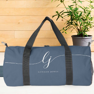 Monogram Modern Navy Blue White Script Stylish Duffle Bag