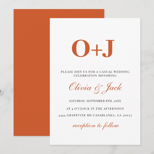 Monogram modern Orange Minimalist Casual Wedding  Invitation (Front/Back)
