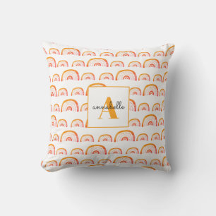 Monogram Modern Orange Watercolor Rainbow Cushion