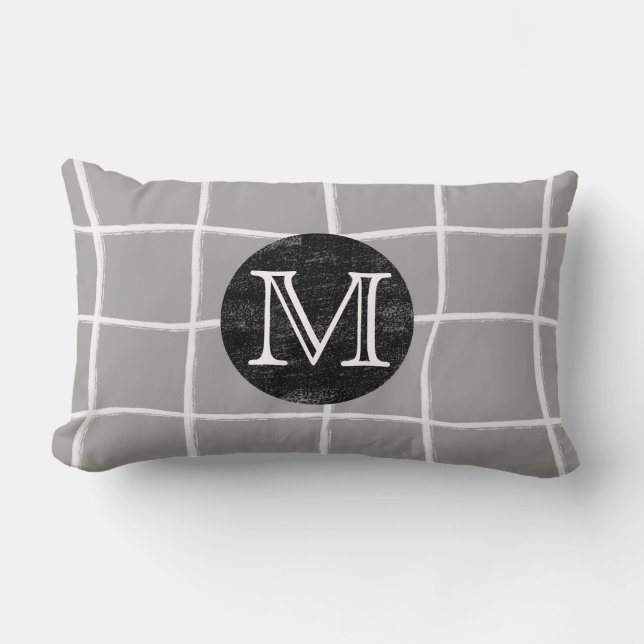 monogram modern painted grid pattern design grey  lumbar cushion (Front)