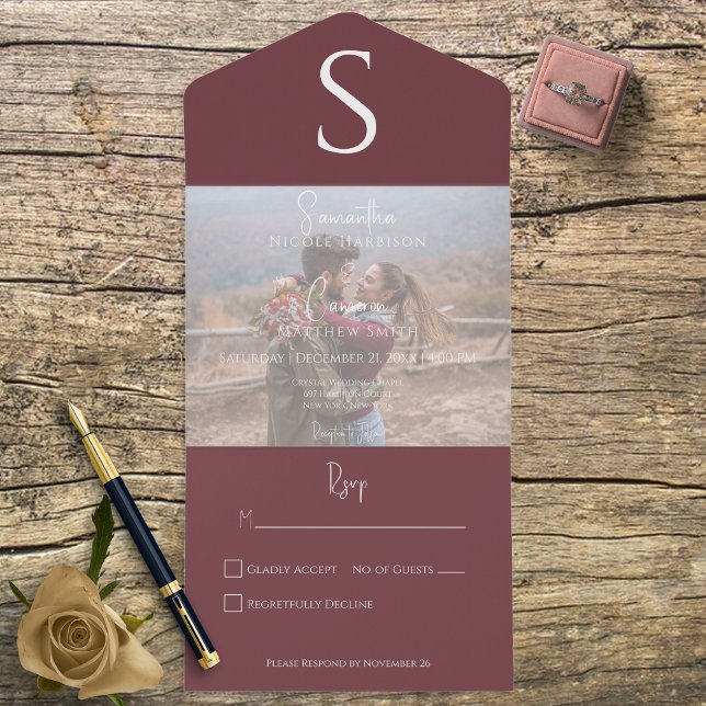 Monogram Modern Photo Burgundy Wine No Dinner All In One Invitation (Creator Uploaded)