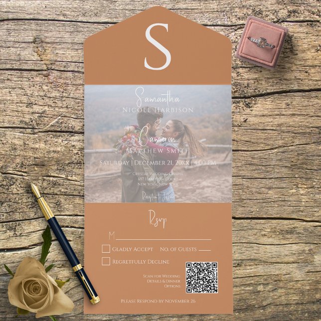Monogram Modern Photo Burnt Orange QR Code All In One Invitation (Creator Uploaded)