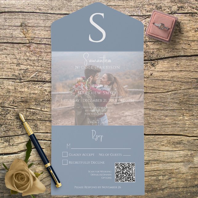 Monogram Modern Photo Dusty Blue QR Code All In One Invitation (Creator Uploaded)