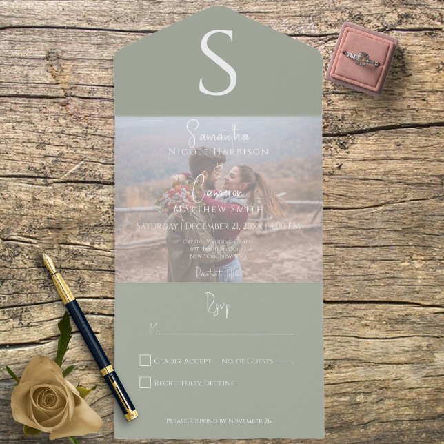 Monogram Modern Photo Sage Green No Dinner All In One Invitation (Creator Uploaded)