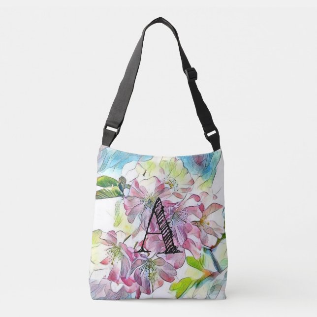 Monogram Modern Pink Cherry Blossom Watercolor   Crossbody Bag (Front)
