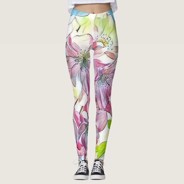 Monogram Modern Pink Cherry Blossom Watercolor   Leggings (Front)