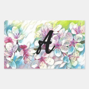 Monogram Modern Pink Cherry Blossom Watercolor   Rectangular Sticker