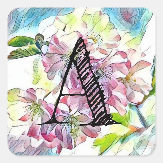Monogram Modern Pink Cherry Blossom Watercolor   Square Sticker (Front)