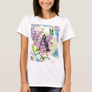 Monogram Modern Pink Cherry Blossom Watercolor T-Shirt