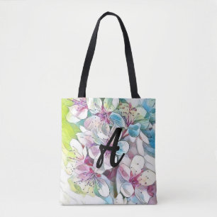 Monogram Modern Pink Cherry Blossom Watercolor   Tote Bag