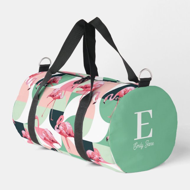 Monogram Modern Pink Flamingo Geometric Girly Name Duffle Bag (Left Corner)