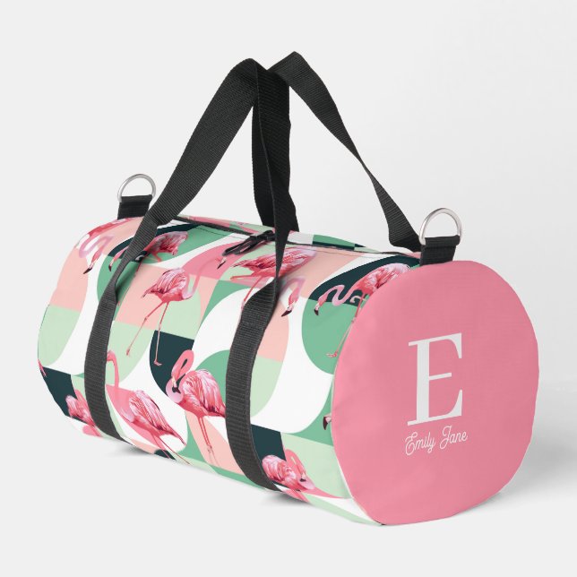 Monogram Modern Pink Flamingo Geometric Girly Name Duffle Bag (Left Corner)